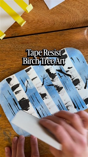 Alicea | Rhythm & Whimsy on Instagram: "We learned this tape resist birch tree technique in a nature class we attended a year or two ago. It’s easy, fun, and the final artwork always turns out beautiful. I think it would make a great design for DIY holiday cards too! I loved Evie’s idea to add the Northern Lights to her painting! She had fun doing this as part of our plant week Advent activities 🪴 #kidsart #kidsactivities #artideas #artideasforkids"