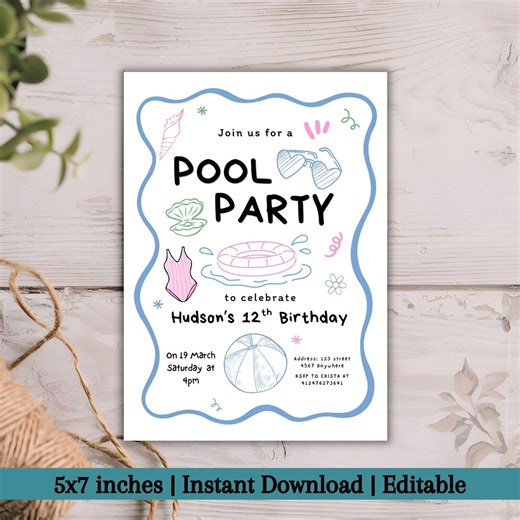 Pool Party Birthday Invitation Template | Summer Birthday Invite Any Age | Splash Pool Party Invite | Editable Canva