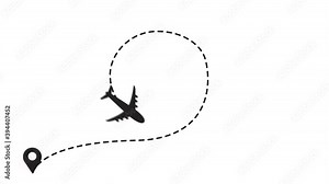 Airplane line path animation. Movement of air plane flight and route with points. Travel, trip dashed line trace, plane route.