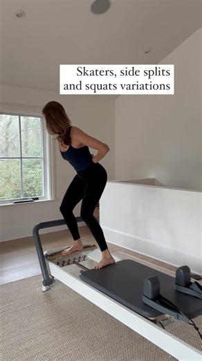 Standing splits, skaters and squat variations with one heavy to one heavy and light springs. 1. Skaters: keep leg and hip over platform stable. 2. Double skaters: both legs press out equally. Stay low. 3. Side splits: keep carriage out and then slowly back in. Pelvis under ribcage. 4. Squats: keep the carriage out a little and as stable as possible throughout. ✌️ SARANPILATES.COM On-demand Mat, Reformer, Tower, and Chair workouts. START YOUR FREE TRIAL TODAY! #saranpilates #pilates #reformer #re