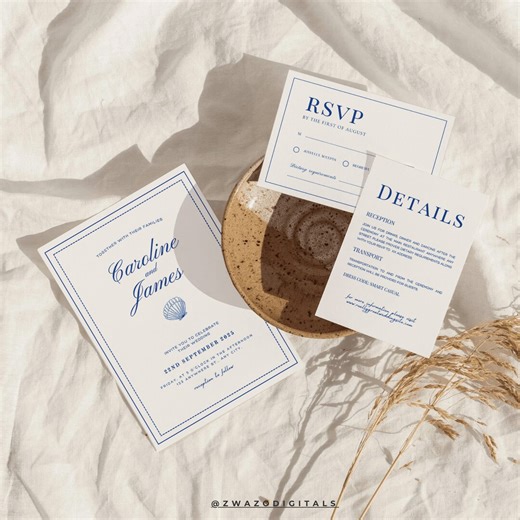 Seashell Beach Wedding Invitation Suite Template, Coastal Ocean Design, Summer Destination Wedding, Tropical Coastal, Canva Digital Download - Etsy Australia