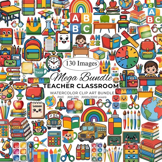 Teacher Classroom Clipart Mega Bundle Watercolor School Supplies Clipart | Classroom Decor PNG | Teacher Planner Graphics | School Clipart - Etsy