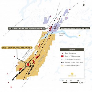 New Found Gold Identifies New Fertile Gold Region 45 Km South of Current Queensway North Drill Targets