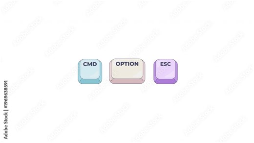 CMD Option ESC keyboard shortcut keys animation. Forced quit function to close unresponsive frozen application. Animated hotkey combo buttons click for pc, laptop. 4K video. Computer press action