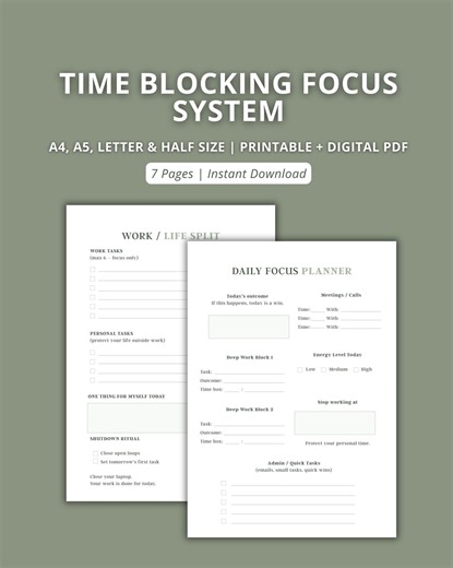 Time Blocking Planner Printable, Deep Work Timeboxing System, Daily & Weekly Focus Template, Undated PDF - Etsy