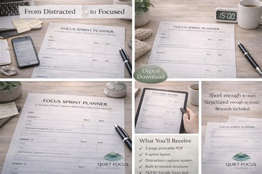 15-minute Focus Sprint Planner | ADHD Neurodivergent Productivity | Pomodoro Alternative | Printable PDF - Etsy