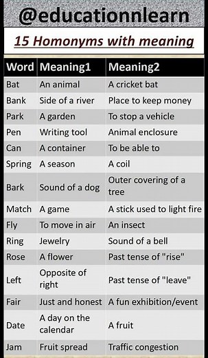 15 Homonyms with Meanings | Easy English Grammar for Kids