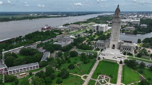 Louisiana State Capitol building and historic architecture in Baton Rouge beside Mississippi River