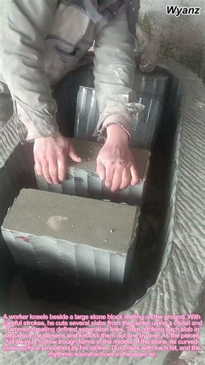 stone work in action carving trough from single stone slab cutting process