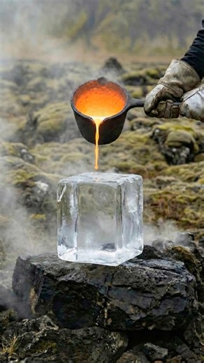 Magnus Thorsson on Instagram: "LAVA vs. GIANT ICE CUBE 🧊🔥 (Satisfying ASMR) Pouring 1100°C molten rock onto a solid block of ice in Iceland. 🇮🇸❄️ Fire vs. Ice. The ultimate thermal battle! ⚔️ Watch the lava slide across the slippery surface, creating a massive cloud of pressurized steam. 💨 The molten rock turns black instantly upon contact, hissing violently as the ice cracks and melts underneath. Satisfying elemental destruction from the volcanic fields. Help me reach the "Yellow Ferrari"