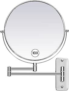 Large Size 9-in Wall Mounted Magnifying Makeup Mirror 1X/10X Magnification,Extendable Bathroom Mirrors Wall Mount Vanity Mirror for Shaving,12-in Folding Arm,Flexible Adjustable,Space-Saving,No Light