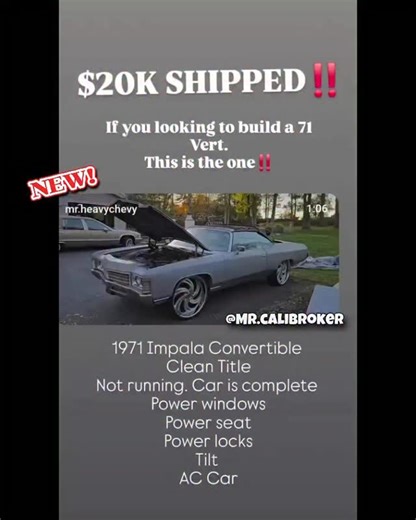 💵📈🚘 #forsale #sevende Selling my #1971 #Chevrolet #Impala Convertible 703-675-0244 @Mr.HeavyChevy 350 Motor (Not running) AC Cruise Control Power Windows Power Locks Power Bench Seat Tilt Column 26” Rims Car has been sitting indoors since 1989, epoxy primer. Not running at the moment. Included header panel letters and complete set of rocker moldings. Solid body with 1 small dent on passenger fender, floors have 2 patches. Solid all around project with alot of options. Ready to put your touch 