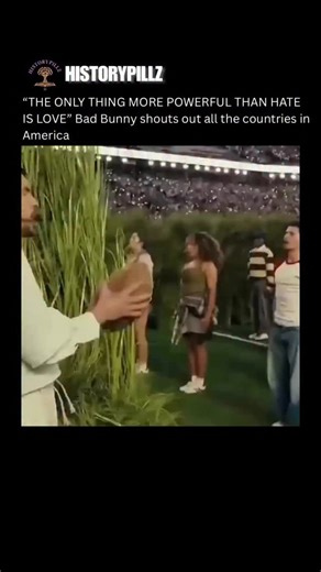 @historypillz on Instagram: "Bad Bunny concluded his Super Bowl halftime show by making a bold, intentional statement, positioning himself in front of a giant billboard displaying the words “THE ONLY THING MORE POWERFUL THAN HATE IS LOVE.” This powerful closing visual capped off a performance that proudly celebrated Latin American culture, language, and heritage across the Americas—transforming the stadium into a vibrant symbol of unity over division. The enduring takeaway lingered well beyond t
