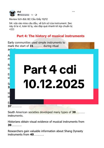 IELTS Listening Part 4, review [DICTATION - CHÉP CHÍNH TẢ] 10.12.2025 Part 4: The history of musical instrument #ielts #listening #English #edutok #reviews