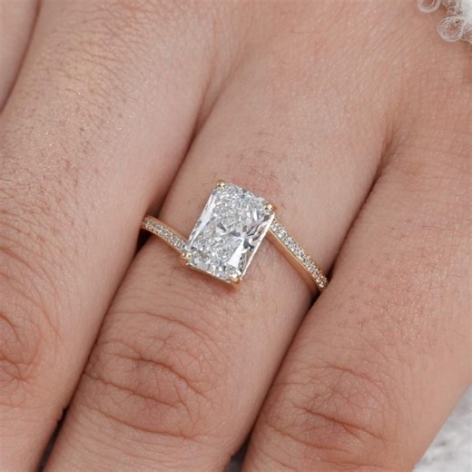 Radiant Cut Lab Grown Diamond Engagement Ring, Split Shank Diamond Ring, Pave Band, Bridal Ring, Wedding Ring, Gift for Her - Etsy