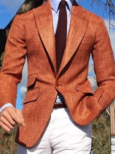 Men's Blazer Jacket Linen Blazer Business Work Evening Party Elegant Neutral Fall Winter Linen Solid Color Single Breasted Blazer Orange 2025