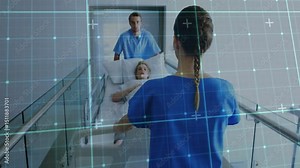 Nurse pushing hospital bed down corridor, forward motion activating grid overlay scanning patient