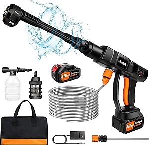 Cordless Pressure Washer, Portable Power Washer with 2 Rechargeable 3.0Ah Battery 6-in-1 Nozzle, Handheld High-Pressure Car Washer Gun with Tool Case for Cars, Floors, Fences, Black