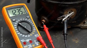 Multimeter showing zero, then reading 12.35 volts, then back to zero for refrigerator compressor diagnosis.