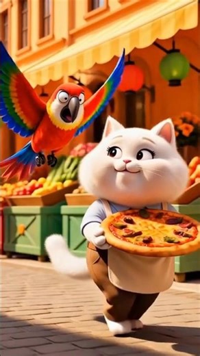 “Flying Pizza Catch! Smart White Cat vs Parrot 😂🍕” #viral #shortvideo #trending
