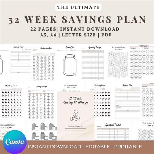 52 Weeks Saving Challenge Printable PDF: Budget & Savings Tracker - Etsy Australia