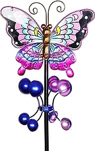 Exhart Purple Butterfly Wind Spinner Garden Stake - Hand-Painted Butterfly Spinners in Purple, Blue, Black, Brown and Yellow - Kinetic Art Vertical Spinners in Metal Butterfly Design, 8 x 38 Inches