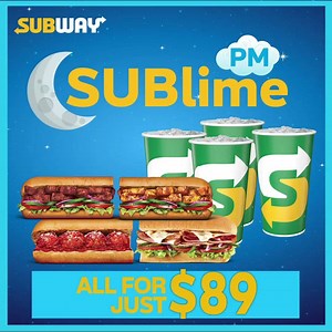 1.9K views · 69 reactions | When the sun goes down, the savings go up with the SUBlime PM offer at Subway. Any day after 5pm, get any four 6” Subs PLUS any four 16oz Drinks... ALL FOR JUST $89. #subwaytt | Subway Trinidad and Tobago | Facebook