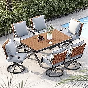 Grand patio 7-Piece Outdoor Dining Set, 6 Leather-Look Wicker Swivel Patio Chairs & 1 Extendable Rectangular Dining Table, Brown