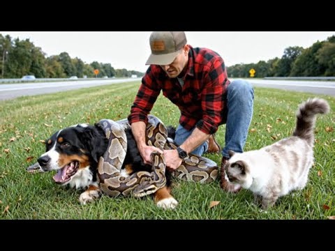 Animal Rescue: Courageous Ragdoll Cat Protects Bernese Mountain Dog from a Giant Python Attack