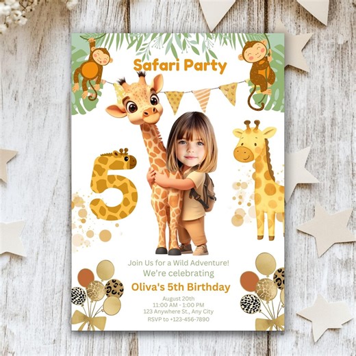 Giraffe Birthday Invitation, Personalized Safari Invitation, Cute Safari Giraffe Party Theme, Jungle Celebration, Custom Face Giraffe Card - Etsy