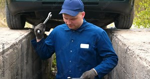 A cheerful car repairman on the street repairs the engine and lower part of the car, shows different emotions, dances with a big wrench. Concept of: Service, Joy, Slow motion, Mood, Happy, Repair.
