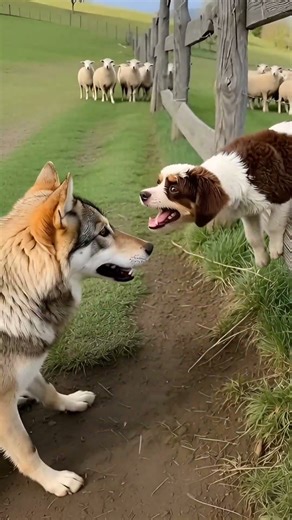 🐺 When a Wolf Meets a Dog at the Fence... Unexpected Ending! 😱 #shorts #wolf #dog