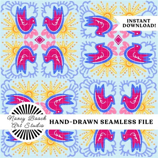 Block Print Seamless Pattern, Birds Suns Clouds, Pink Blue Yellow (hand Drawn Digital Download) - Etsy