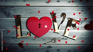 Heart confetti falling on golden love text with heart lock