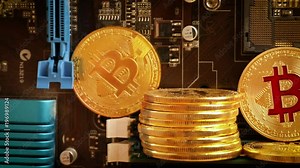 Gold Bit Coin BTC coins on the motherboard. Bitcoin is a worldwide cryptocurrency and digital payment system called the first decentralized digital currency.