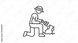 Animated archaeologist icon. Excavation of ancient artifacts line animation. Archaeological dig. Finding relics. Black illustration on white background. HD video with alpha channel. Motion graphic vídeo de Stock