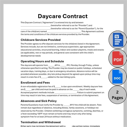 Daycare Contract, Customizable Daycare Template, Printable Childcare Agreement Form, Daycare Liability Intake Enrollment Policies Handbook - Etsy