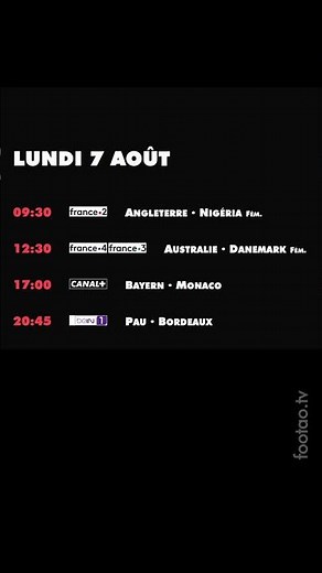 foot à la TV aujourd'hui lundi 7 août ce soir match direct programme télé diffusion #foot #TV