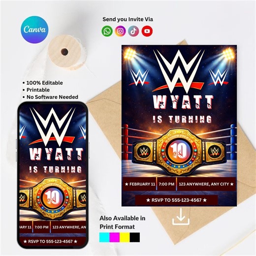 Wwe Birthday Invitation, Wwe Invitation Template, Wwe Birthday Party Invitation, Wwe Birthday Card Printable, Wrestling Theme Invitation - Etsy