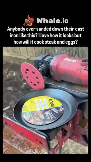 trend_tok_hub on Instagram: "The video showcases a technique where a cast iron skillet is sanded down to a mirror-like finish using power tools, sparking debate on its impact on cooking performance, particularly for searing steaks and frying eggs, due to potential changes in heat distribution and non-stick properties. User experiences and studies suggest that while rough surfaces initially hold seasoning better, a polished finish can achieve similar non-stick qualities after multiple seasoning l