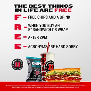 300 reactions · 19 shares | Get FREE chips and a drink when you order an 8" sandwich or wrap after 2pm 拾. For a limited time | Jimmy John's | Facebook