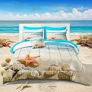 Bedbay Beach Comforter Set 8 Pcs Queen Bed in a Bag Coastal Bedding Ocean Beach Themed Bedding Set Queen Comforter with Sheets Turquoise Seaside Starfish Quilt Set (Aqua,Queen)