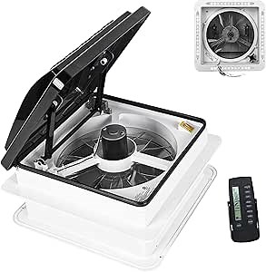 RV Roof Vent Fan 14" with Light, Continuously Variable Reversible 12V Remote Control Trailer Roof Vent Low Noise with Rain Sensor,UV Protection,Thermostat for Camper,Travel,Cargo Trailer