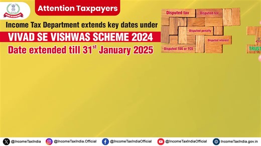 Taxpayers, Take Note! The key date for filing declarations under the Vivad Se Vishwas Scheme 2024 have been extended. Now, settle your disputes and pay a reduced settlement amount by submitting your declaration on or before 31st January 2025. Income Tax India Ministry of Finance, Government of India Press Information Bureau - PIB, Government of India #TaxCompliance #VivadSeVishwas #VivadSeVishwasScheme | Doordarshan National (DD1)