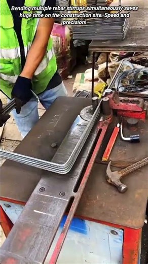 Rebar bender quickly forms multiple stirrups for concrete frame construction.
