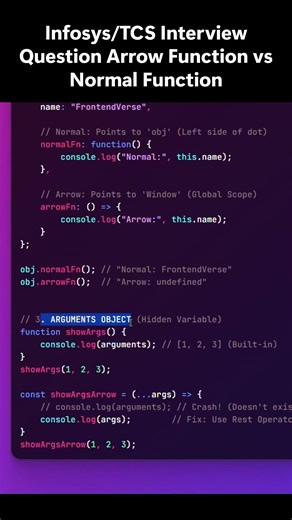 Infosys/TCS Interview Question Arrow Function vs Normal Function #coding #interview #frontend #code