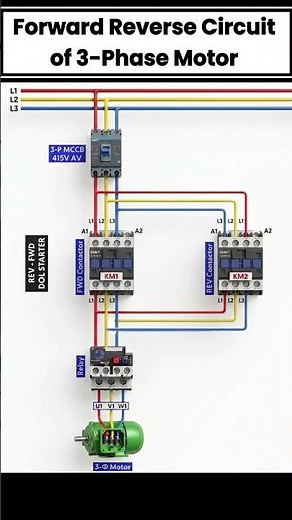 3 Phase Motor Reverse Forward Circuit | Forward Reverse Starter Wiring with MCCB & Overload Relay