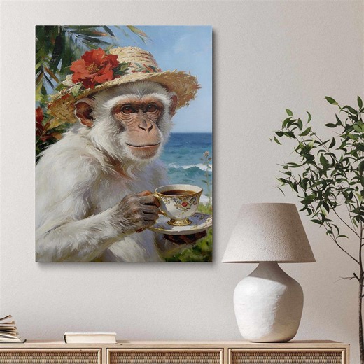 Funny Monkey Wall Art, Vintage Animal Painting With Tea Cup, Coastal Style Home Decor, Whimsical Animal Illustration - Etsy