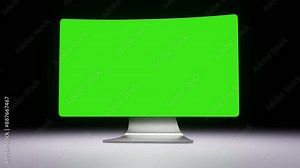 Modern desktop/computer with rounded edges with a green screen. 3d animation 4K