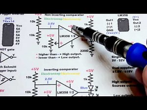 LM358 op amp wired as non inv and inverting comparator LEDs circuit learning electronics lesson 0020